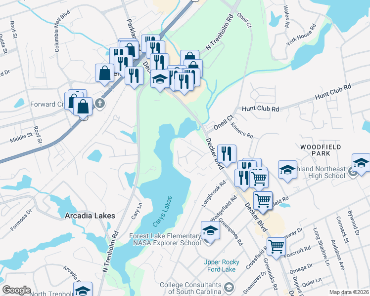 map of restaurants, bars, coffee shops, grocery stores, and more near 7021 Cleaton Drive in Columbia