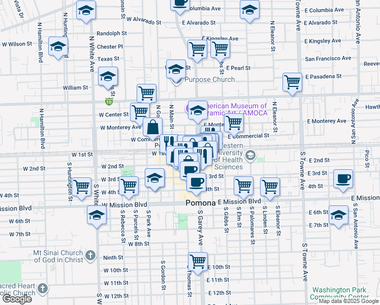 map of restaurants, bars, coffee shops, grocery stores, and more near 154 West 1st Street in Pomona