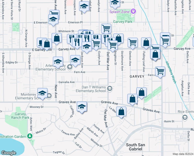 map of restaurants, bars, coffee shops, grocery stores, and more near 2543 Evelyn Avenue in Rosemead