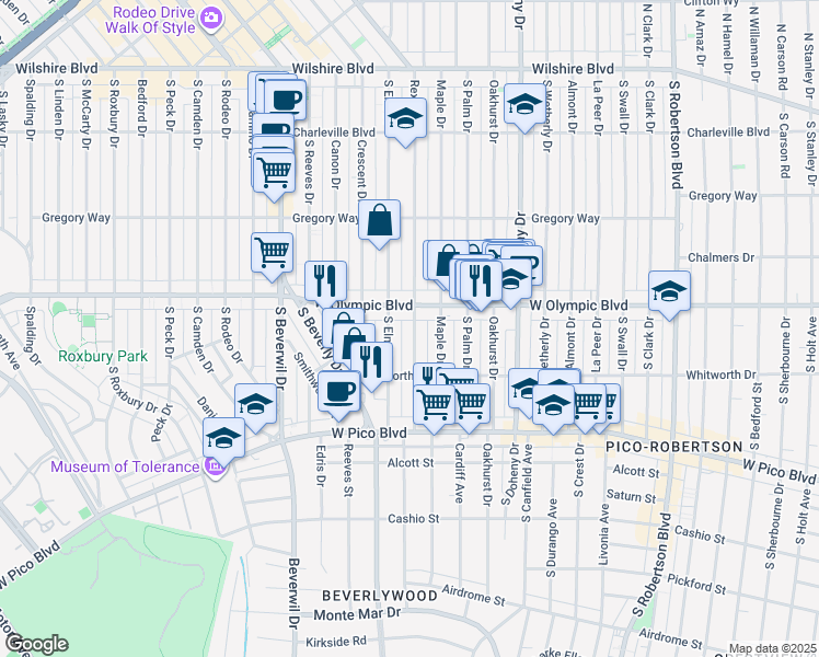 map of restaurants, bars, coffee shops, grocery stores, and more near 9248 West Olympic Boulevard in Beverly Hills