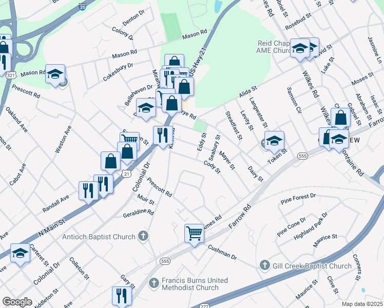 map of restaurants, bars, coffee shops, grocery stores, and more near 1529 Mayer Street in Columbia
