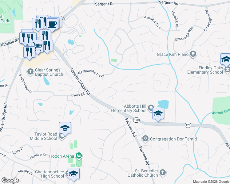 map of restaurants, bars, coffee shops, grocery stores, and more near 175 Westbury Lane in Alpharetta