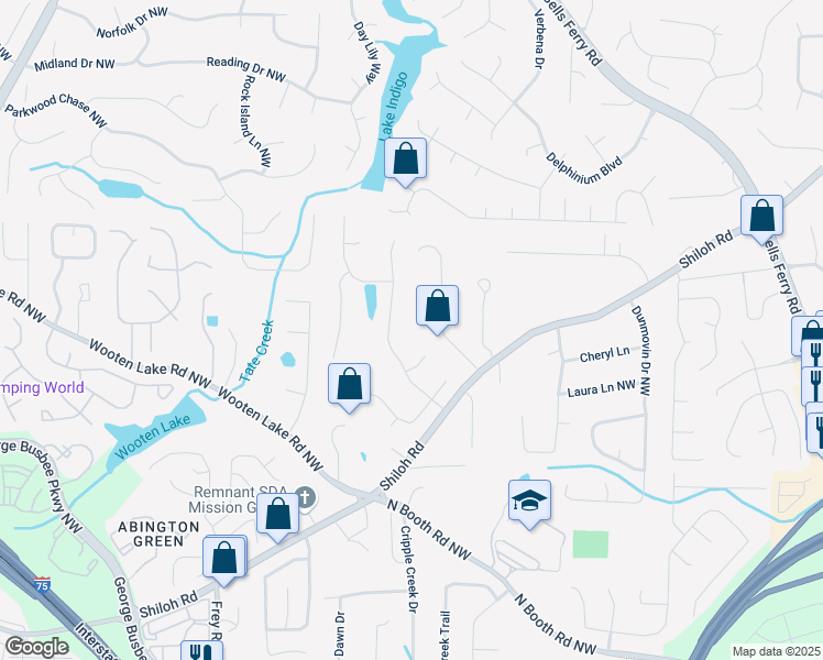map of restaurants, bars, coffee shops, grocery stores, and more near 739 Dushea Court Northwest in Kennesaw