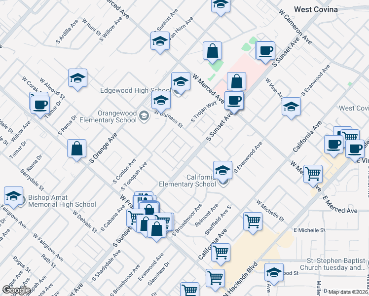 map of restaurants, bars, coffee shops, grocery stores, and more near 1496 Lagoon in West Covina