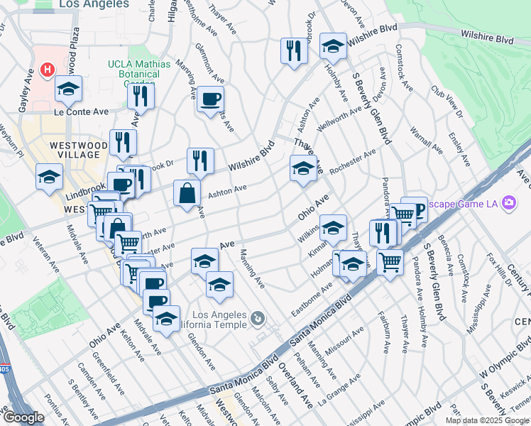 map of restaurants, bars, coffee shops, grocery stores, and more near 10633 Rochester Avenue in Los Angeles