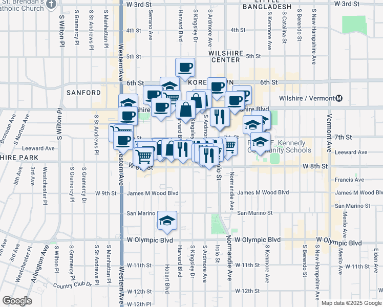 map of restaurants, bars, coffee shops, grocery stores, and more near 737 South Kingsley Drive in Los Angeles