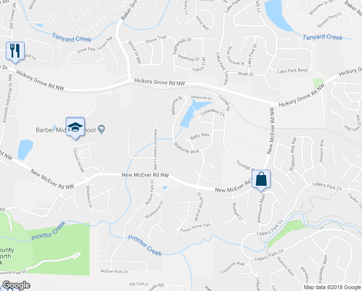 map of restaurants, bars, coffee shops, grocery stores, and more near 4362 Walforde Boulevard Northwest in Acworth