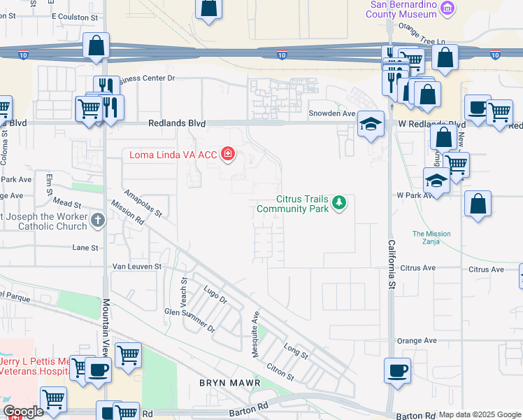 map of restaurants, bars, coffee shops, grocery stores, and more near 26149 Park Avenue in Loma Linda