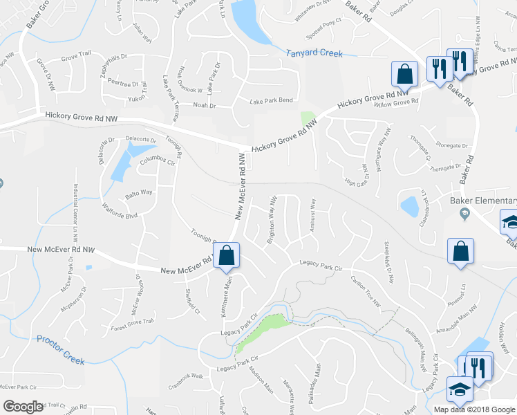 map of restaurants, bars, coffee shops, grocery stores, and more near 2983 Downing Lane Northwest in Kennesaw