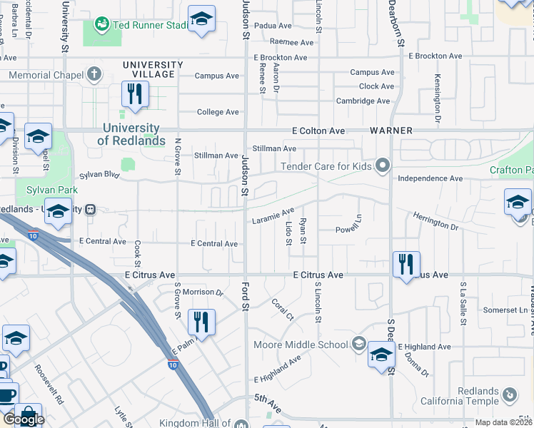 map of restaurants, bars, coffee shops, grocery stores, and more near 1427 Laramie Avenue in Redlands