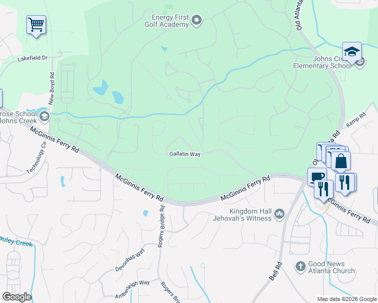 map of restaurants, bars, coffee shops, grocery stores, and more near 910 Gallatin Way in Suwanee