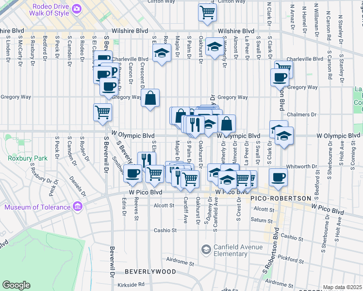 map of restaurants, bars, coffee shops, grocery stores, and more near 422 South Maple Drive in Beverly Hills