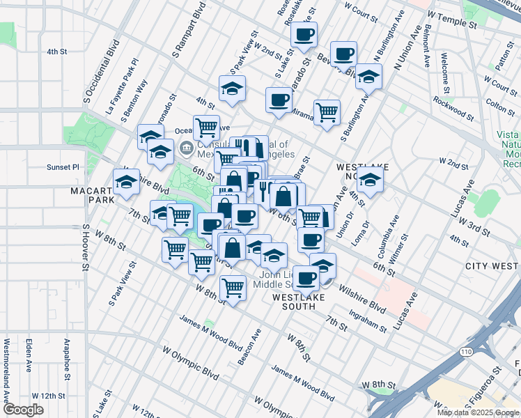 map of restaurants, bars, coffee shops, grocery stores, and more near 602 South Westlake Avenue in Los Angeles