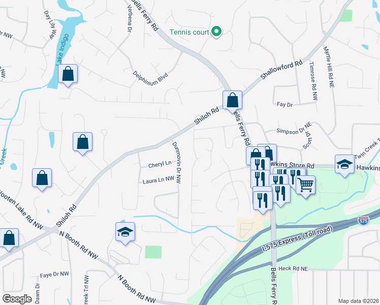 map of restaurants, bars, coffee shops, grocery stores, and more near 4387 Laurian Dr NW in Kennesaw