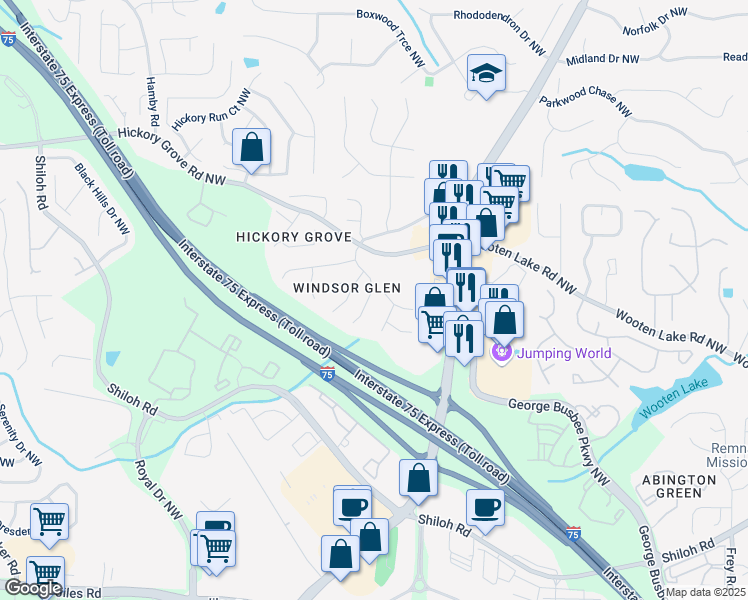 map of restaurants, bars, coffee shops, grocery stores, and more near 4369 Windmoor Drive Northwest in Kennesaw
