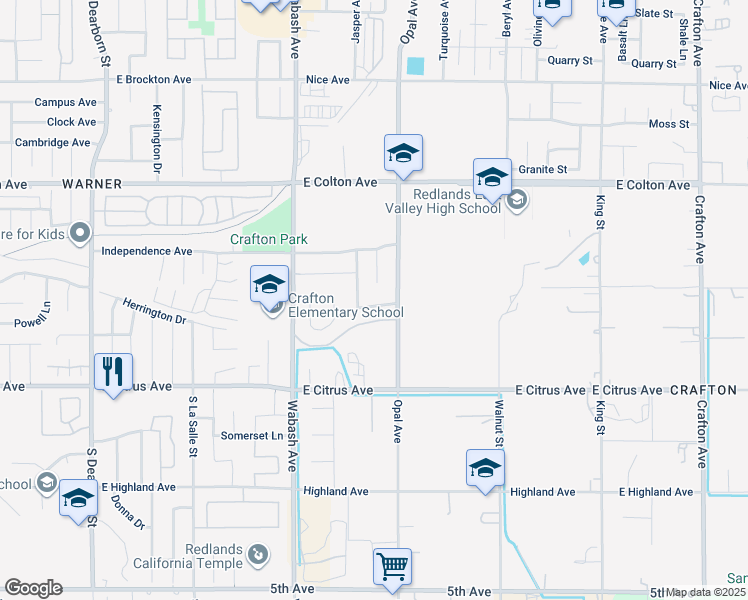 map of restaurants, bars, coffee shops, grocery stores, and more near 30656 3rd Avenue in Redlands