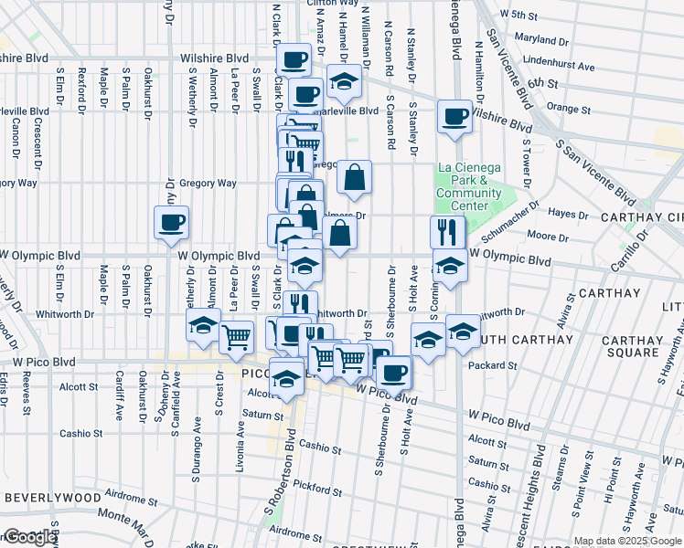 map of restaurants, bars, coffee shops, grocery stores, and more near 1021 South Shenandoah Street in Los Angeles