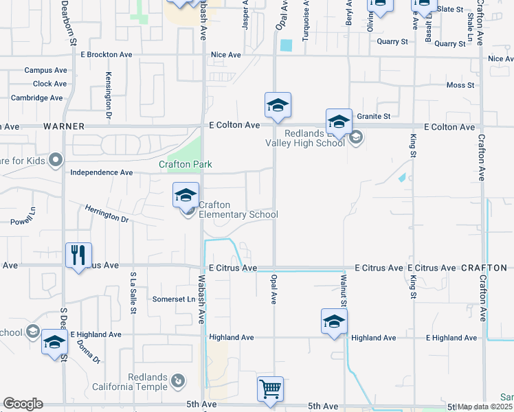 map of restaurants, bars, coffee shops, grocery stores, and more near 30656 3rd Avenue in Redlands