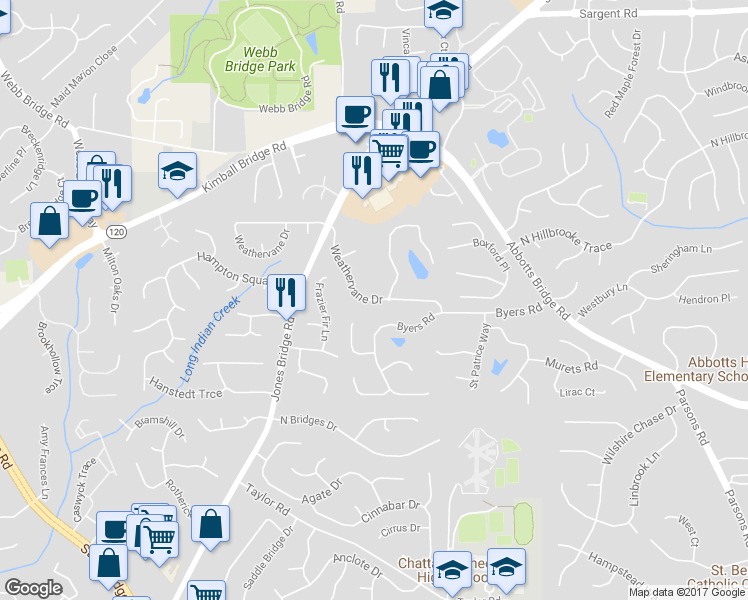 map of restaurants, bars, coffee shops, grocery stores, and more near 5004 Weathervane Dr in Alpharetta