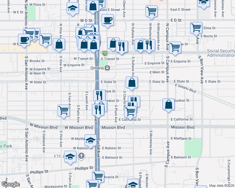 map of restaurants, bars, coffee shops, grocery stores, and more near 312 East Park Street in Ontario