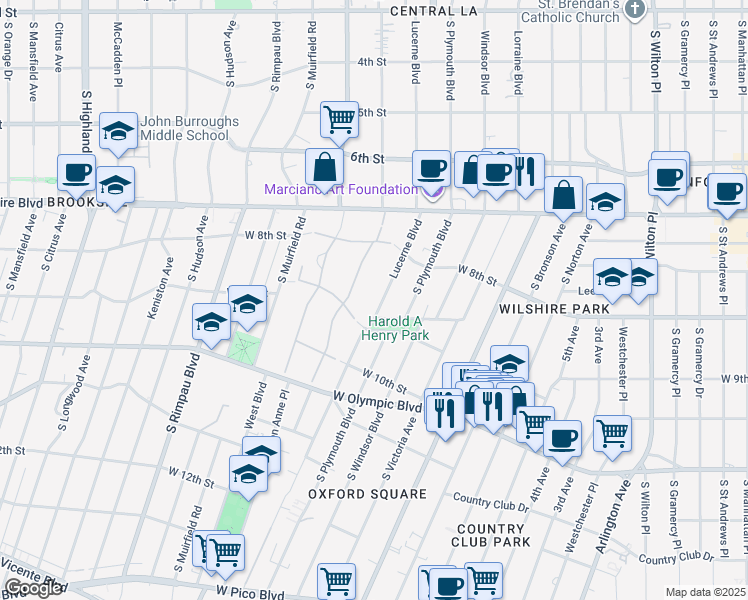 map of restaurants, bars, coffee shops, grocery stores, and more near 865 South Lucerne Boulevard in Los Angeles