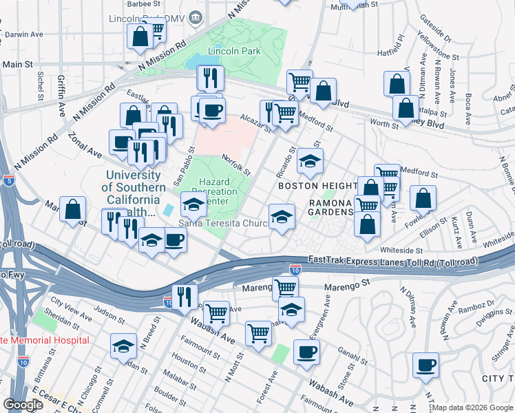 map of restaurants, bars, coffee shops, grocery stores, and more near 2466 Lancaster Avenue in Los Angeles