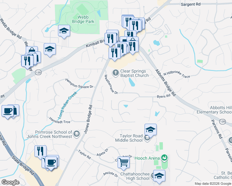 map of restaurants, bars, coffee shops, grocery stores, and more near 5004 Weathervane Drive in Alpharetta