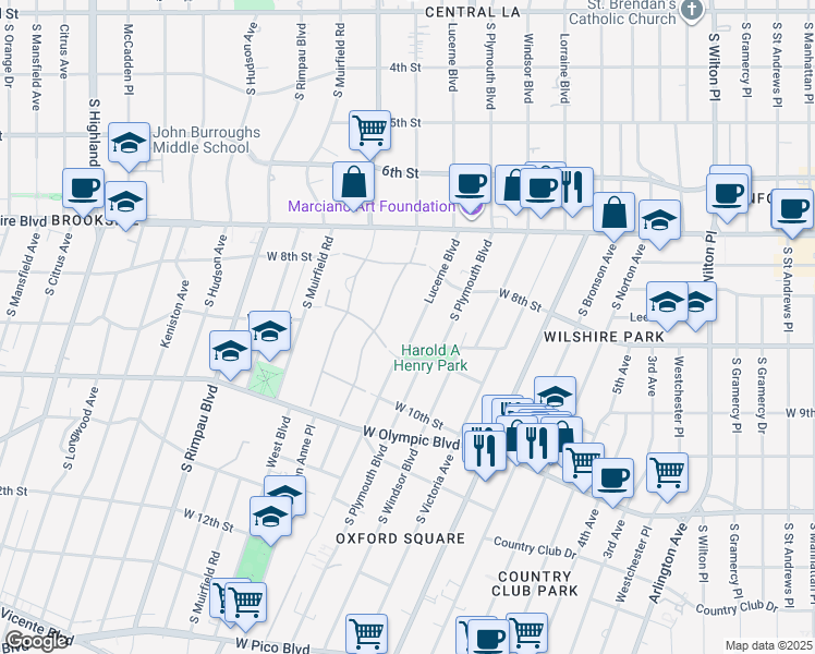 map of restaurants, bars, coffee shops, grocery stores, and more near 865 South Lucerne Boulevard in Los Angeles