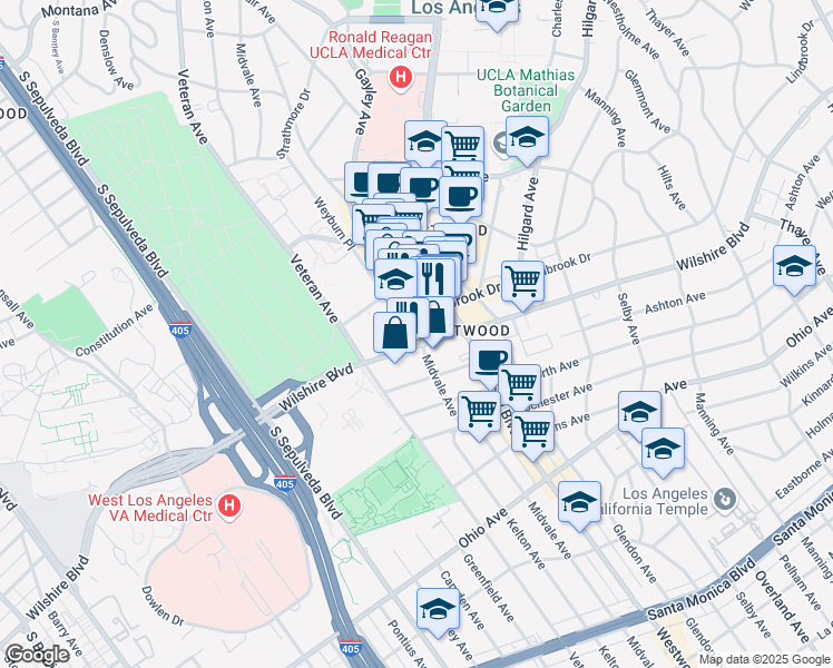 map of restaurants, bars, coffee shops, grocery stores, and more near 10951 Wilshire Boulevard in Los Angeles