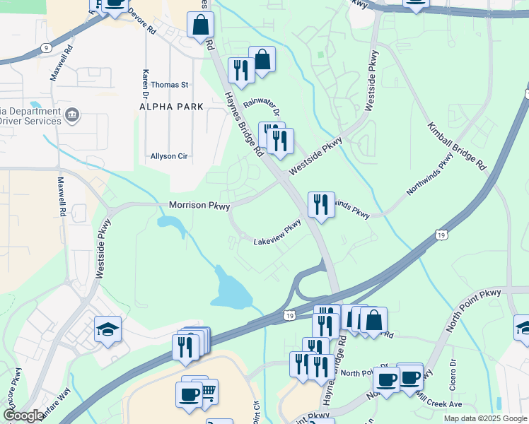 map of restaurants, bars, coffee shops, grocery stores, and more near 2300 Lakeview Parkway in Alpharetta