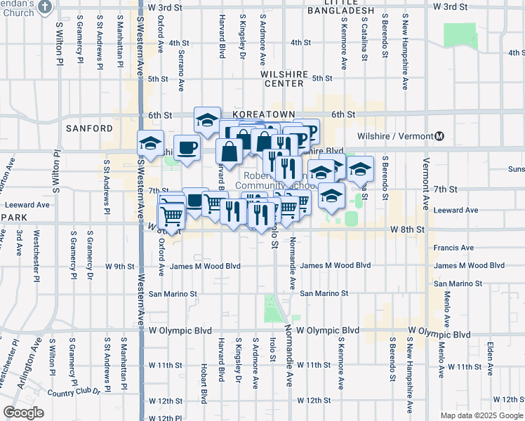 map of restaurants, bars, coffee shops, grocery stores, and more near 729 South Ardmore Avenue in Los Angeles