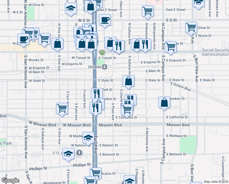 map of restaurants, bars, coffee shops, grocery stores, and more near 312 East Park Street in Ontario