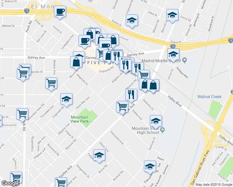 map of restaurants, bars, coffee shops, grocery stores, and more near 2849 Maxson Road in El Monte