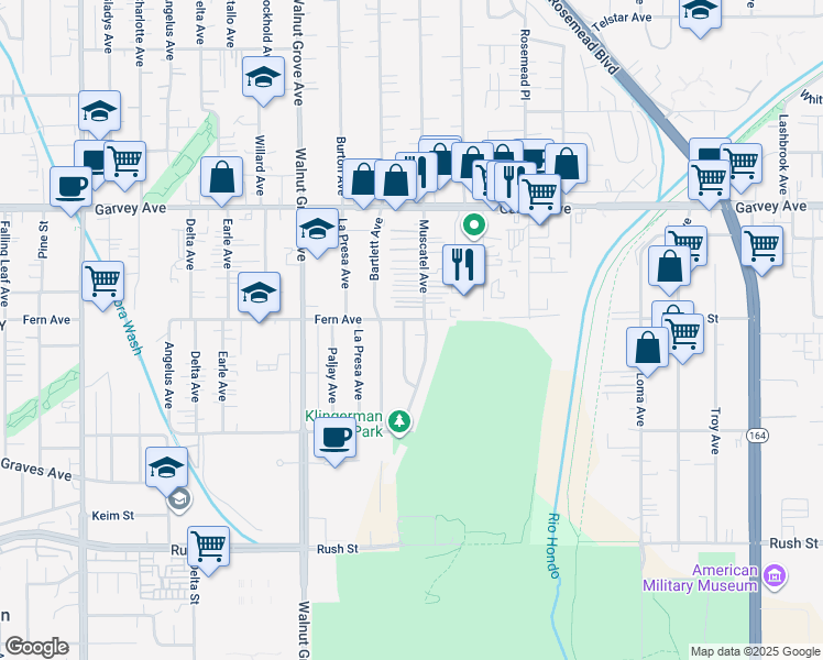map of restaurants, bars, coffee shops, grocery stores, and more near 2572 Muscatel Avenue in Rosemead