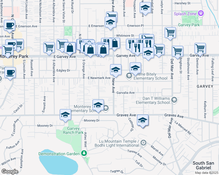map of restaurants, bars, coffee shops, grocery stores, and more near 321 New Avenue in Monterey Park