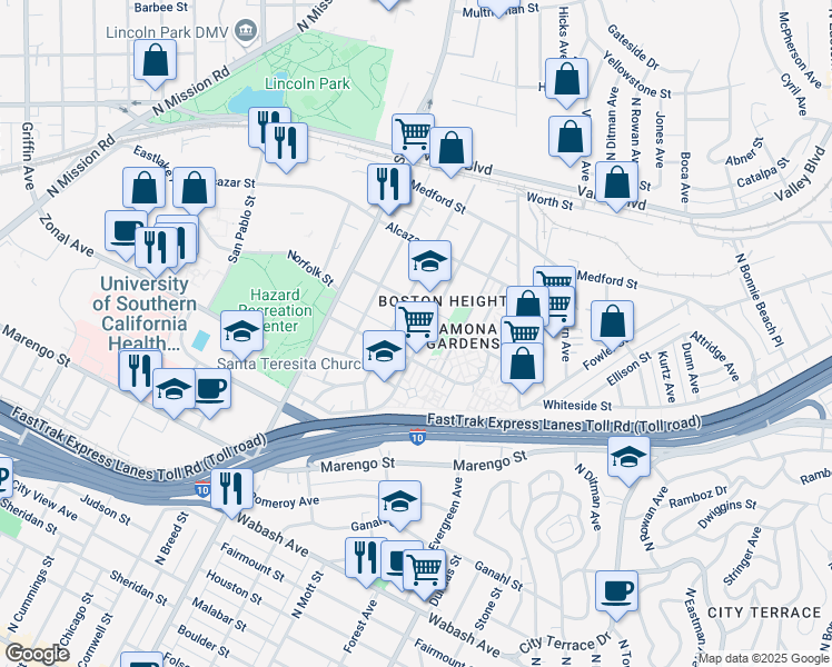 map of restaurants, bars, coffee shops, grocery stores, and more near 1450 Tremont Street in Los Angeles