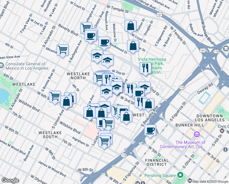 map of restaurants, bars, coffee shops, grocery stores, and more near 275 Lucas Avenue in Los Angeles