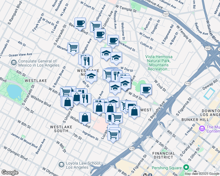 map of restaurants, bars, coffee shops, grocery stores, and more near in Los Angeles