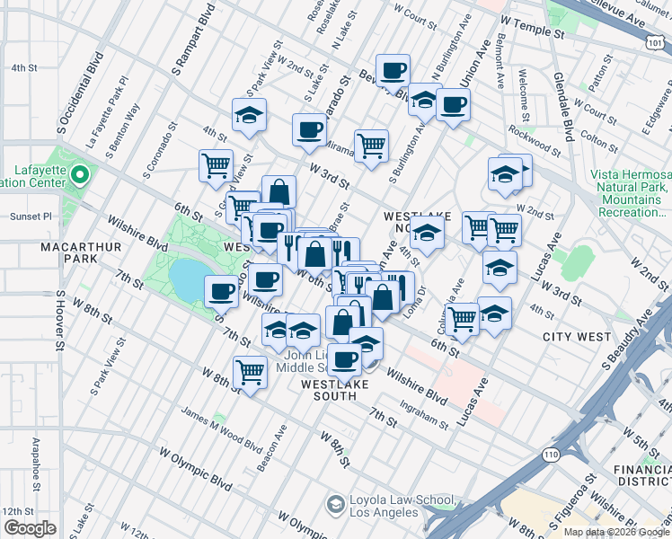 map of restaurants, bars, coffee shops, grocery stores, and more near 1801 West 5th Street in Los Angeles