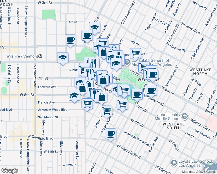 map of restaurants, bars, coffee shops, grocery stores, and more near 672 South Carondelet Street in Los Angeles