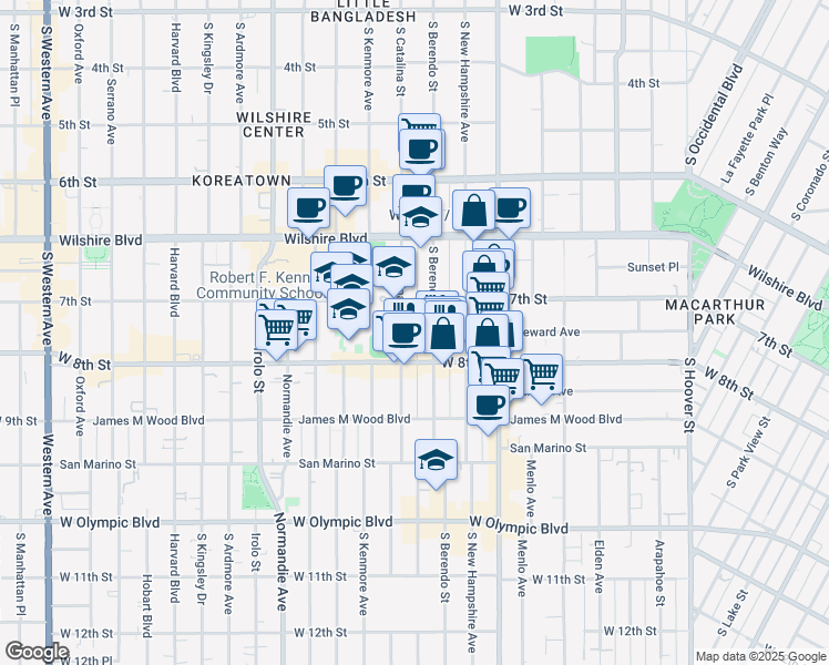 map of restaurants, bars, coffee shops, grocery stores, and more near 725 South Berendo Street in Los Angeles