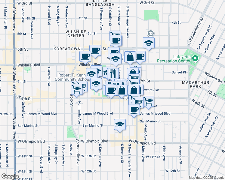 map of restaurants, bars, coffee shops, grocery stores, and more near 725 South Berendo Street in Los Angeles