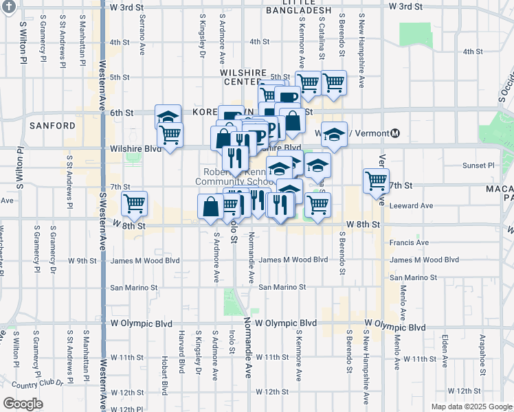 map of restaurants, bars, coffee shops, grocery stores, and more near 721 South Mariposa Avenue in Los Angeles