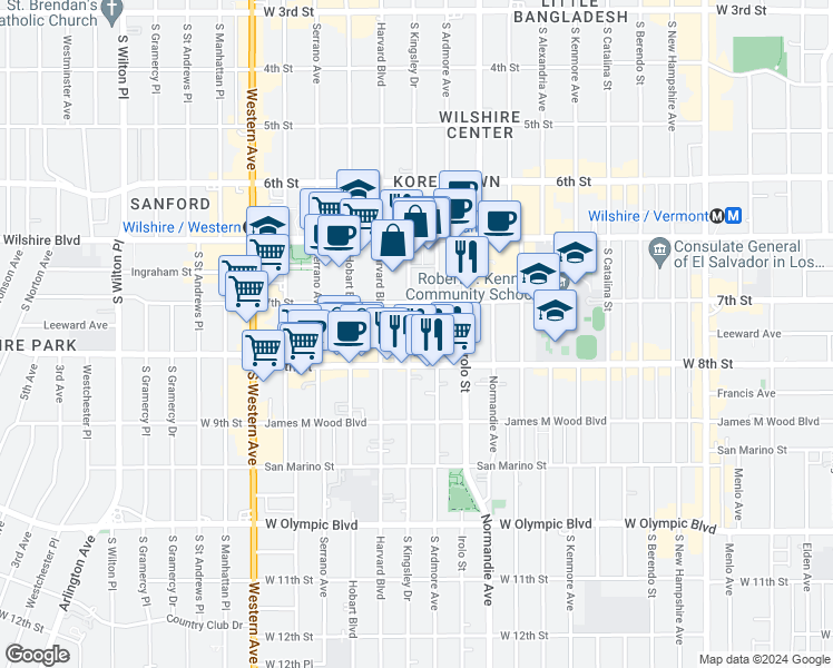 map of restaurants, bars, coffee shops, grocery stores, and more near 737 South Kingsley Drive in Los Angeles
