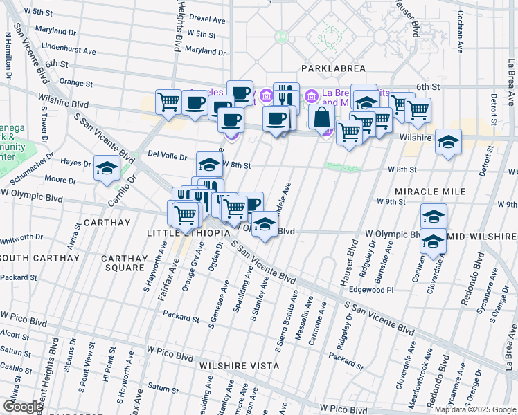 map of restaurants, bars, coffee shops, grocery stores, and more near 902 South Spaulding Avenue in Los Angeles