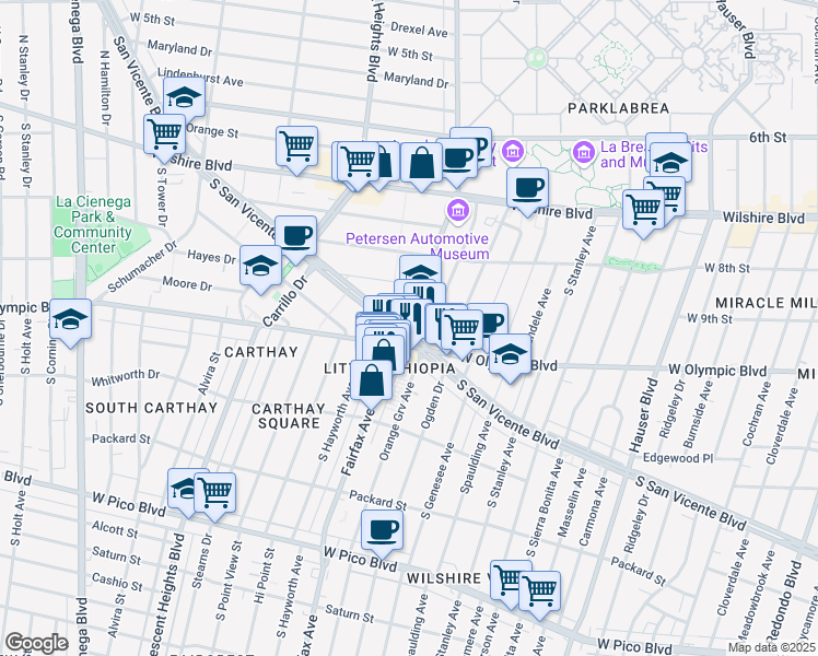 map of restaurants, bars, coffee shops, grocery stores, and more near 6101 San Vicente Boulevard in Los Angeles