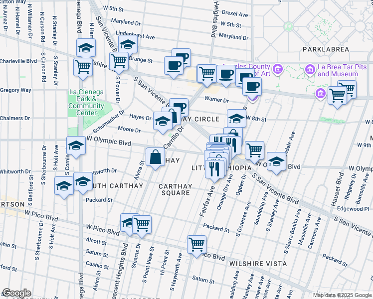 map of restaurants, bars, coffee shops, grocery stores, and more near 6224 Commodore Sloat Drive in Los Angeles