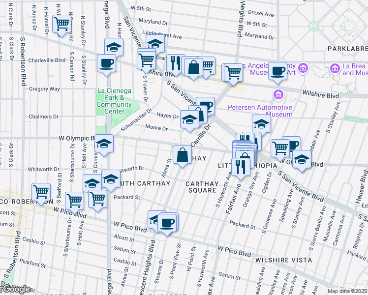 map of restaurants, bars, coffee shops, grocery stores, and more near 6404 West Olympic Boulevard in Los Angeles