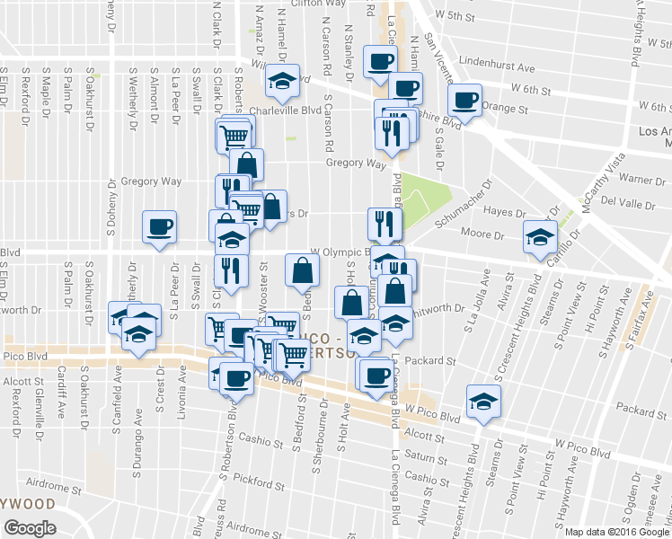 map of restaurants, bars, coffee shops, grocery stores, and more near 1001 South Holt Avenue in Los Angeles