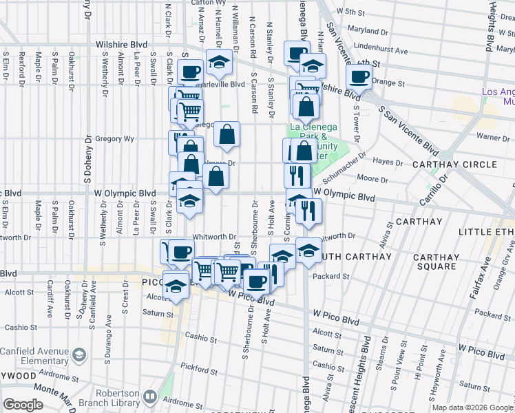 map of restaurants, bars, coffee shops, grocery stores, and more near 1001 South Holt Avenue in Los Angeles